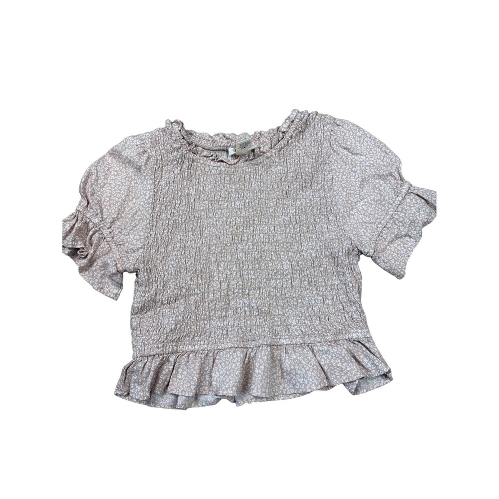 Urban Romantics Tan Floral Smocked Peplum Crop Top Short Puff Sleeve Small